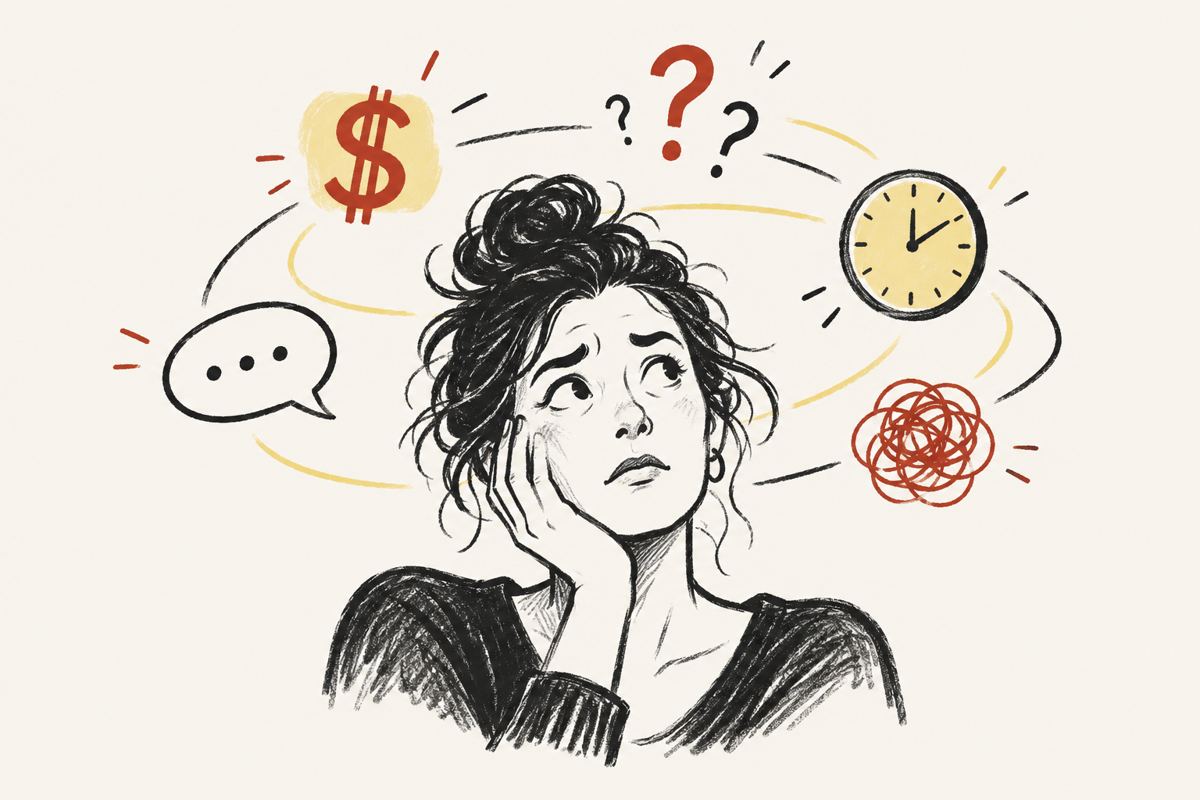 An overwhelmed coach with money, time, questions and tangled thoughts circling their head